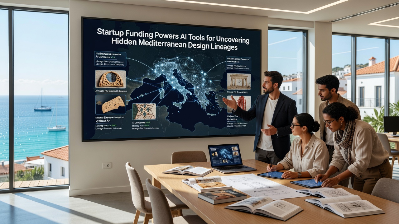 Researchers reviewing AI-generated design lineage maps from Mediterranean excavations